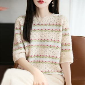 100%羊毛衫女圆领提花镂空钩花五分袖针织T恤女拼色软糯宽松上衣