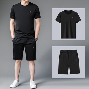三件套男士休闲商务套装短袖夏季冰丝薄款潮流中年一套衣服男装图片