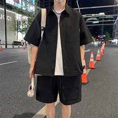 夏季薄款冰丝短袖衬衫情侣短袖短裤两件套装A455P65，男装衬衫，电商A309