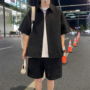夏季薄款冰丝短袖衬衫情侣短袖短裤两件套装 A455P65图片