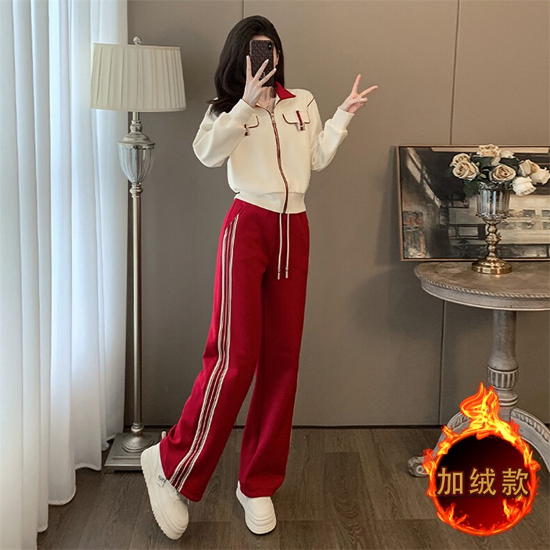 女秋冬新款加绒撞色拉链开衫卫衣两件套,女装套装/套裙,江南