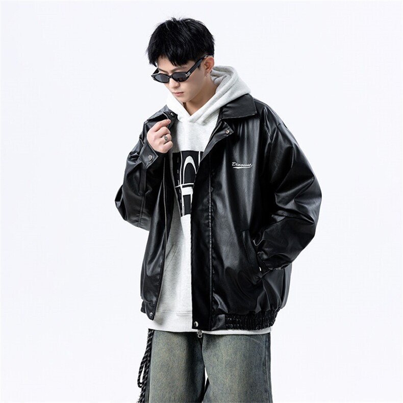 春季新款港风美式刺绣痞帅翻领皮衣夹克男 XZ213-JK6000-P70控98图片