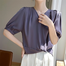 交叉v领衬衫女高级感御姐风2025夏季新款缎面衬衣职业长袖上衣，女装衬衫，素语电商供货