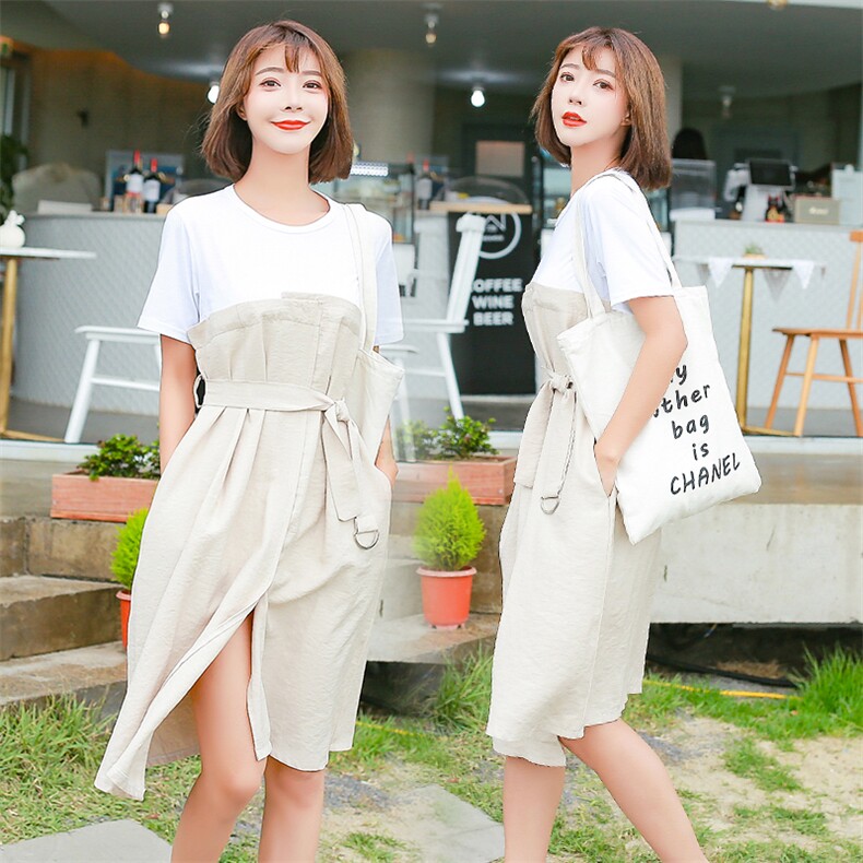 口袋连衣裙圆领松紧腰套头2021年夏季短袖长裙拼接百搭潮流，女装连衣裙，诗贝淇