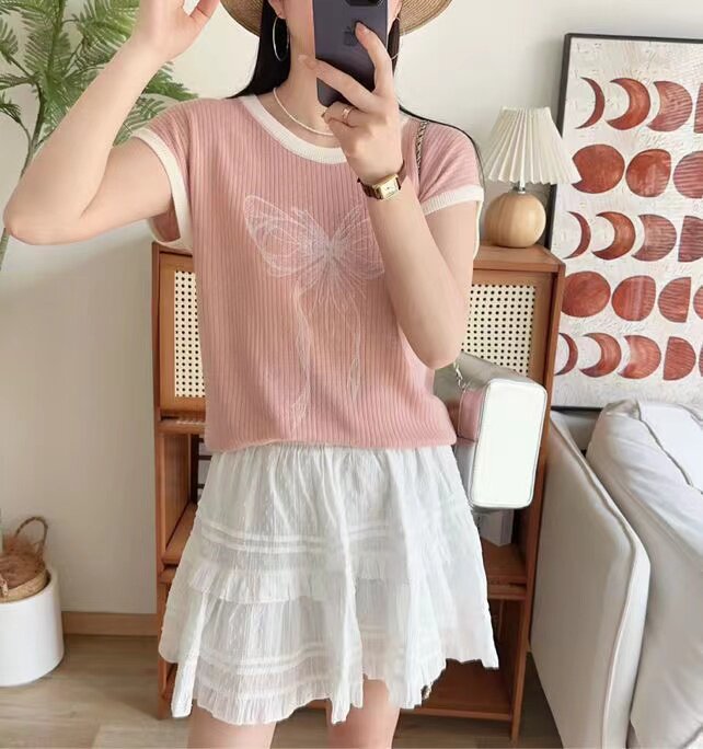 夏季新款精纺短袖t恤女薄款针织宽松百搭半袖上衣,女装T恤,九嘉羊绒