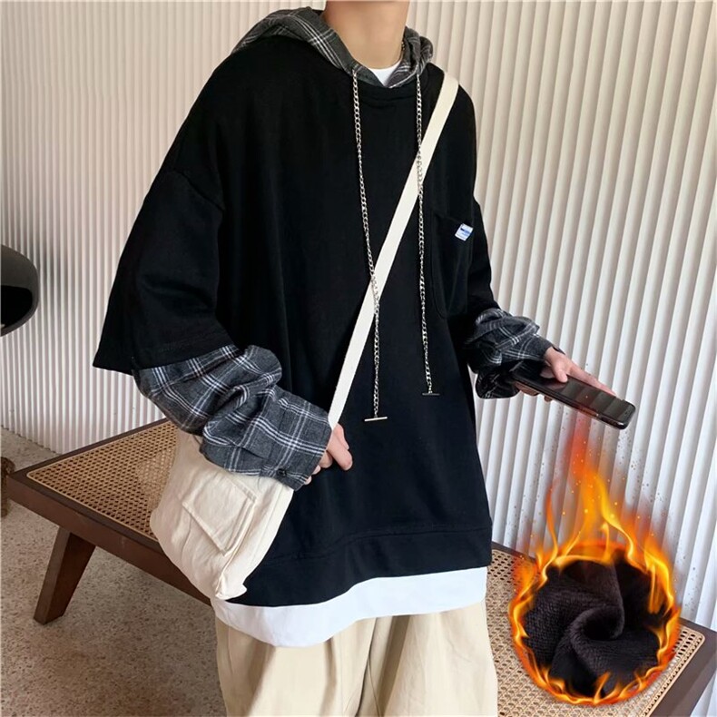 连帽卫衣韩版男潮牌秋宽松长袖卫衣男假两件加绒w126-p38加绒45,男装卫衣,星座1008-1
