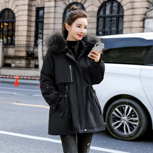棉衣/棉服2021新款冬仿羊羔毛中长款工装带帽派克服女外套图片