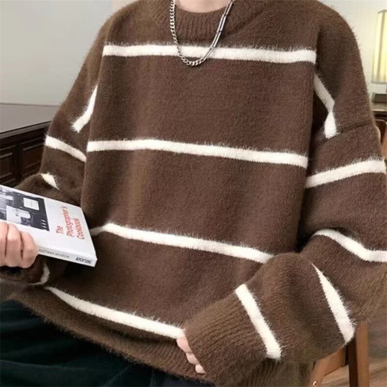 条纹毛衣男士秋冬季美式潮牌高级感软糯毛绒针织衫外套SW572,男装针织衫/毛衣,星座516A
