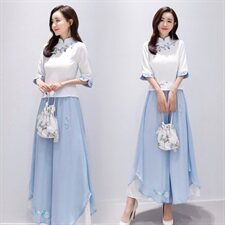 民族风女套装2024夏季新款复古中国风刺绣改良旗袍汉服裙裤两件套，女装套装/套裙，芷墨服饰