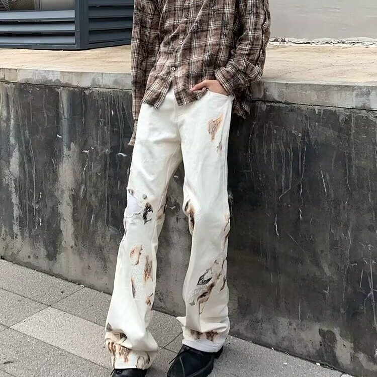 网络图现货新款美式火焰蕾丝宽松牛仔裤男女夏季拖地裤RB07-60,男装牛仔裤,星座1005-4