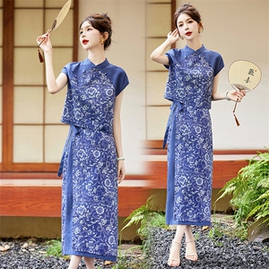 新中式棉麻套装裙女2024夏天新品气质高端麻料苎麻印花时尚两件套图片