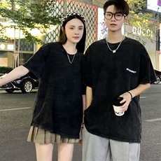 220克水洗做旧短袖T恤棉M-3XL情侣男女V1宽松圆领半袖潮团队，男装T恤，星座115A-3