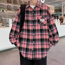 韩系风格穿搭黑粉格子衬衫男式长袖衬衣vintage复古情侣外套，男装衬衫，星座1210-1
