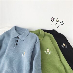 软奶蓝毛衣宽松女慵懒风polo翻领2021新款秋复古牛油果绿色针织衫图片