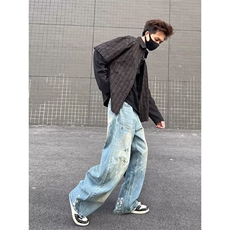 美式复古泼墨弯刀牛仔裤男女小众设计感宽松阔腿休闲裤LB3700-P55，男装牛仔裤，星座1008