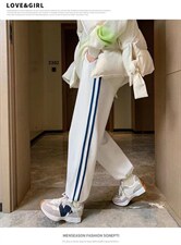 新款侧条纹休闲抽绳高街ins潮显瘦百搭休闲裤，女装休闲裤，L·H·X