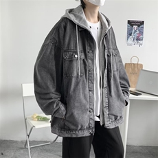 假两件牛仔外套男春秋季潮牌港风夹克学生宽松连帽上衣W1458-p70，男装工装外套，星座1008-1