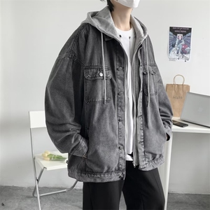假两件牛仔外套男春秋季潮牌港风夹克学生宽松连帽上衣W1458-p70图片