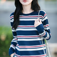 冰麻条纹针织长袖女T恤2025新款圆领宽松套头打底衫法式复古条纹，女装针织衫/毛衣，萱芳婷羊绒