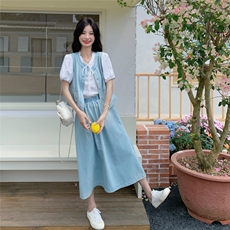 韩系休闲浅蓝色牛仔套装裙2025夏季新款简约马甲T恤半身裙三件套，女装套装/套裙，乐吉娜