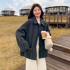 韩系简约宽松羊毛呢子大衣女秋冬气质短款翻领小个子休闲毛呢外套，女装毛呢外套，2C166