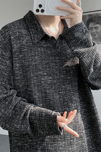 美式扎染翻领长袖T恤大码设计休闲内搭卫衣打底衫上衣p35图片