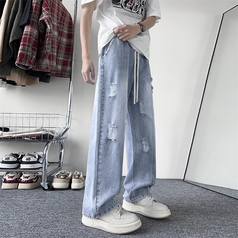 【现货】新款破洞牛仔裤宽松直筒复古抽绳港风百搭休闲水218-P40,男装牛仔裤,星座1006