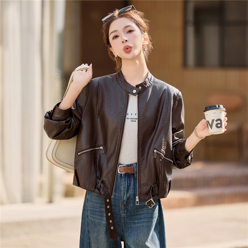 2026年春季新品时尚百搭显瘦款皮衣外套，女装皮衣，红依佳