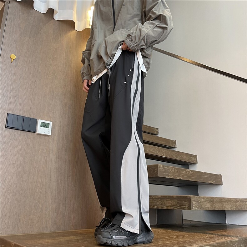 美式高街设计款侧拉链长裤撞色拼接直筒裤子A061-AX00231-P65控98,男装休闲裤,电商A061