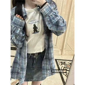 蓝色格子防晒衬衫外套早夏女开衫衬衣小众上衣外穿新款WLC770-P33图片