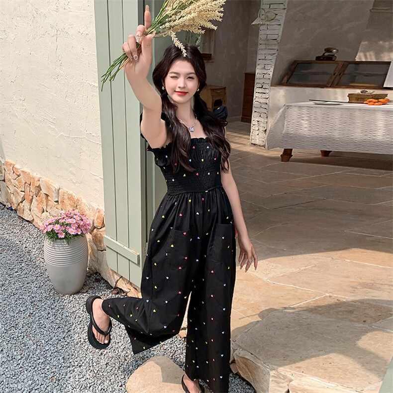 2025夏季新款韩版宽松显瘦百搭背带裤女高级感爱心刺绣休闲阔腿裤,女装连体裤,2C105