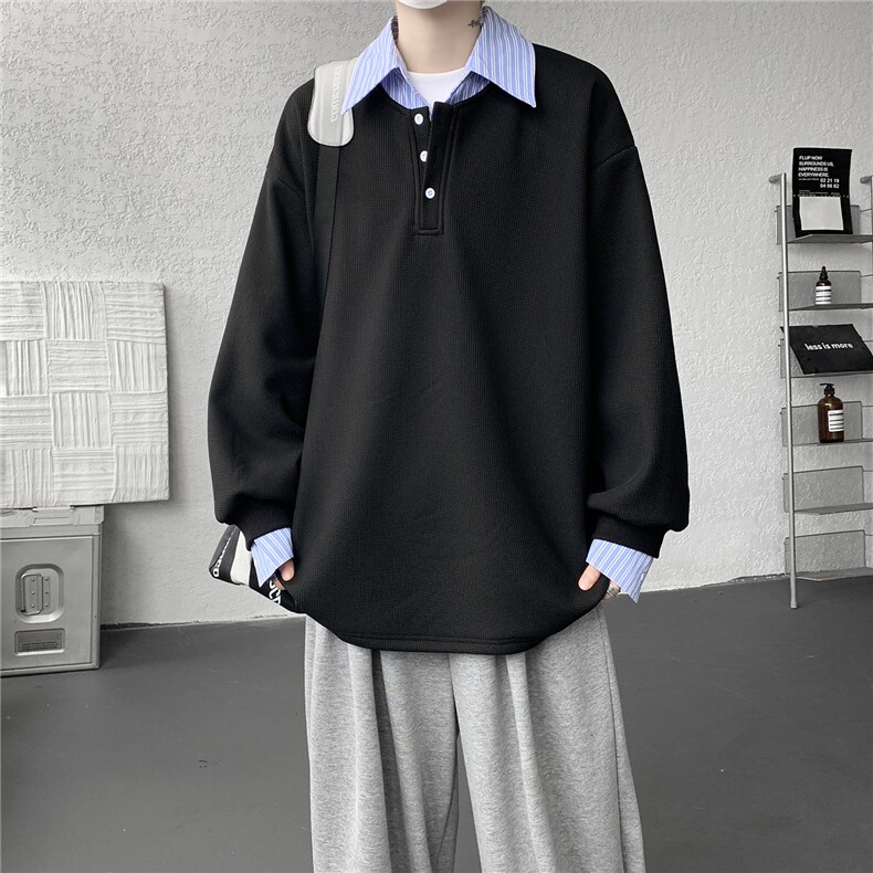 M-8XL假两件撞色polo衬衫翻领卫衣亨利领大码长袖上衣WY5117特P45,男装衬衫,电商B238