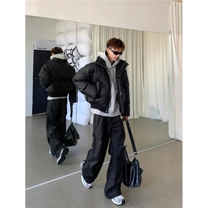 现货5W件冬季三防重磅硬挺boxy短款羽绒立领PU皮棉衣外套加厚棉服图片