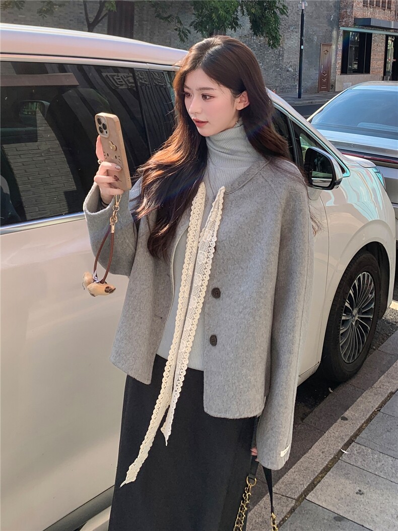 现货双面羊毛呢主推款蕾丝蝴蝶结羊毛女士短外套,女装毛呢外套,SL