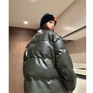 中性冬装 美式立领情侣宽松棉服加厚pu皮棉衣外套男女H912 P128图片