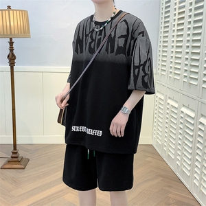 夏上新青少年潮圆领半袖套装创意印花短裤T恤男女 6643-P60控价88图片