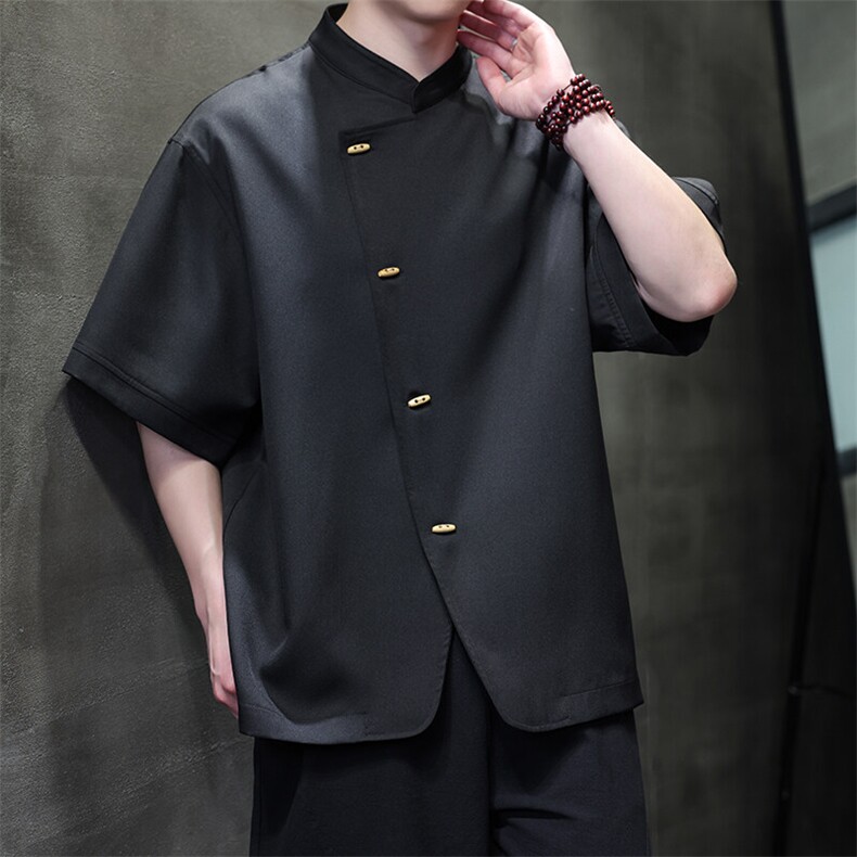 2025新款男士大码纯色立领衬衫新中式简约纯色上衣T2522-P60控89,男装T恤,电商A021