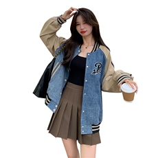 独特超好看牛仔拼接棒球服外套女春2025新款美式休闲宽松夹克上衣，女装短外套，辉之琳