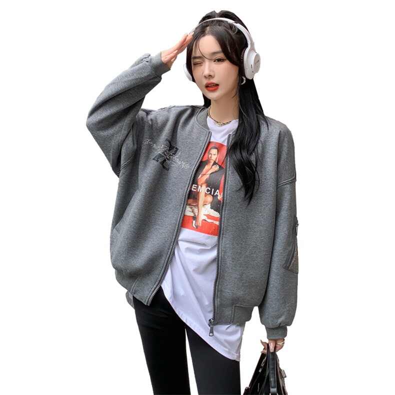 现货2024年春季新款时尚休闲重工烫钻贴标棒球服外套女,女装短外套,MQ