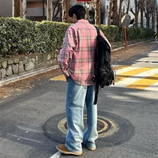 2025春款韩版格子长袖衬衫C7110-P65棉，男装衬衫，星座1004-3