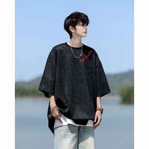 8XL-M 高级感复古扎染短袖男波浪纹半截袖美式刺绣T恤DX345图片