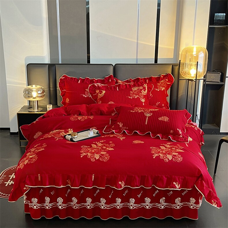 新款A类全棉大红印花床裙四件套，床品套件，一起卖家纺