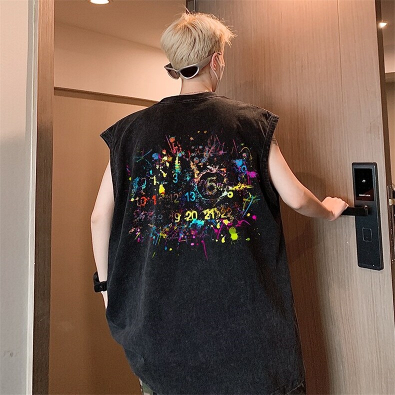 水洗做旧纯棉坎肩背心男夏季潮牌硬挺抗皱宽松情侣款运动无袖T恤，男装背心/马甲，星座517A-2