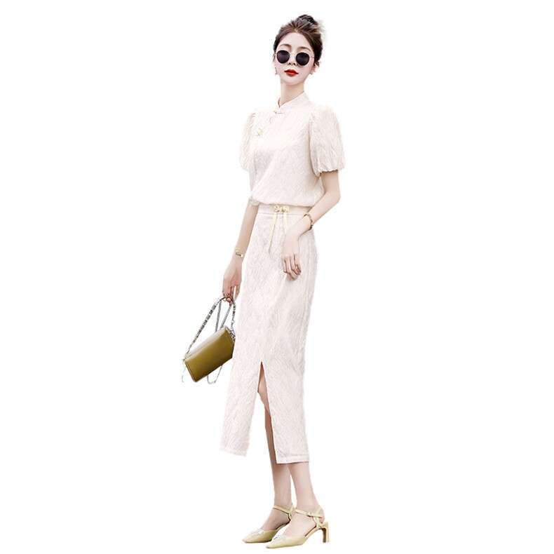 现货2025年夏季新款时尚气质修身新中式连衣裙,女装套装/套裙,关键词