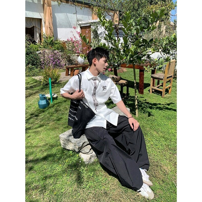美式复古涂鸦假领带短袖衬衫男女学院风趣味慵懒半袖夏LB2633-p35,男装T恤,星座1008