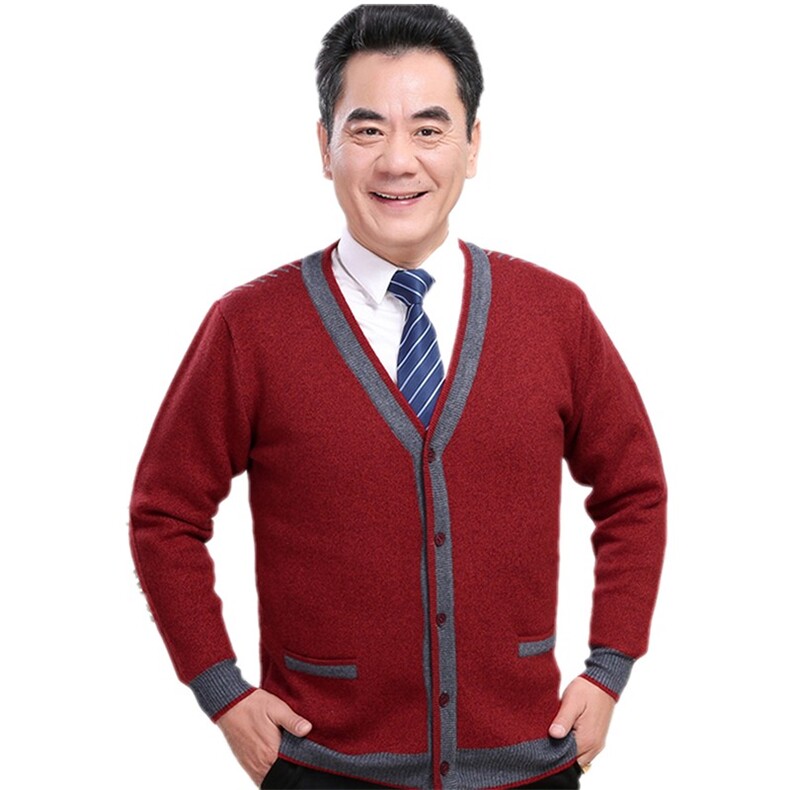 羊毛衫男开衫中老年人爸爸装红色毛衣加厚爷爷保暖外套V领针织衫,男装针织衫/毛衣,亚东羊绒制品