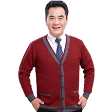 羊毛衫男开衫中老年人爸爸装红色毛衣加厚爷爷保暖外套V领针织衫，男装针织衫/毛衣，亚东羊绒制品