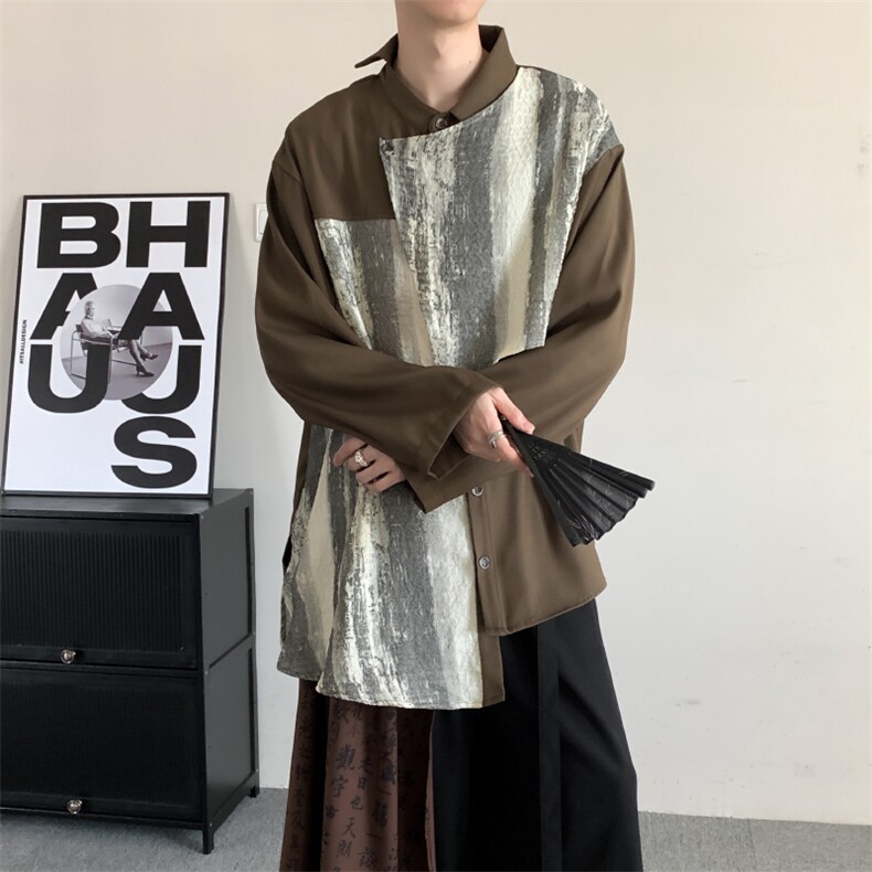 秋季新中式复古风高级感法式拼接衬衫男女半高领设计感飘带上衣,男装衬衫,星座909