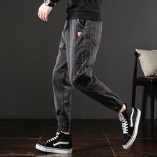 5063-8810拼接大码日系宽松休闲牛仔哈伦裤束脚裤男，男装牛仔裤，星座304A-1