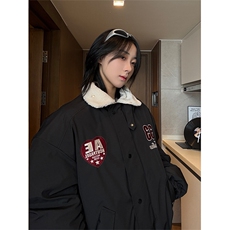 港风美式全刺绣带毛翻领酒红保暖棉服男女XZ213-MF06-P148控168，男装夹克，星座213